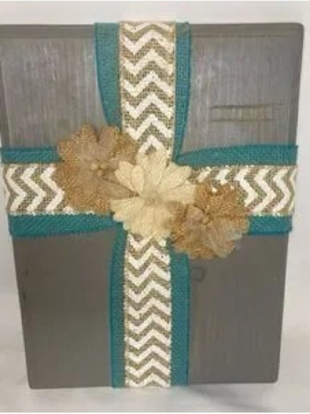 Teal and Cream Chevron Ribbon Wall Accent with Burlap Flowers
